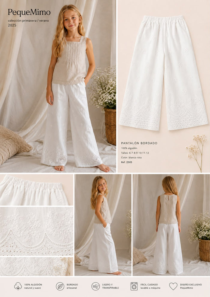 Pantalón Lia bordado, niña con blusa beige de lino