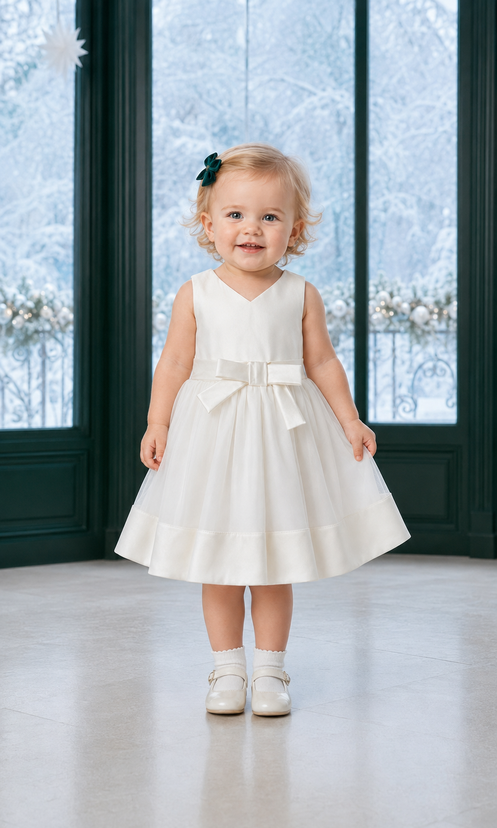 Vestido Blanche editorial junto al piano