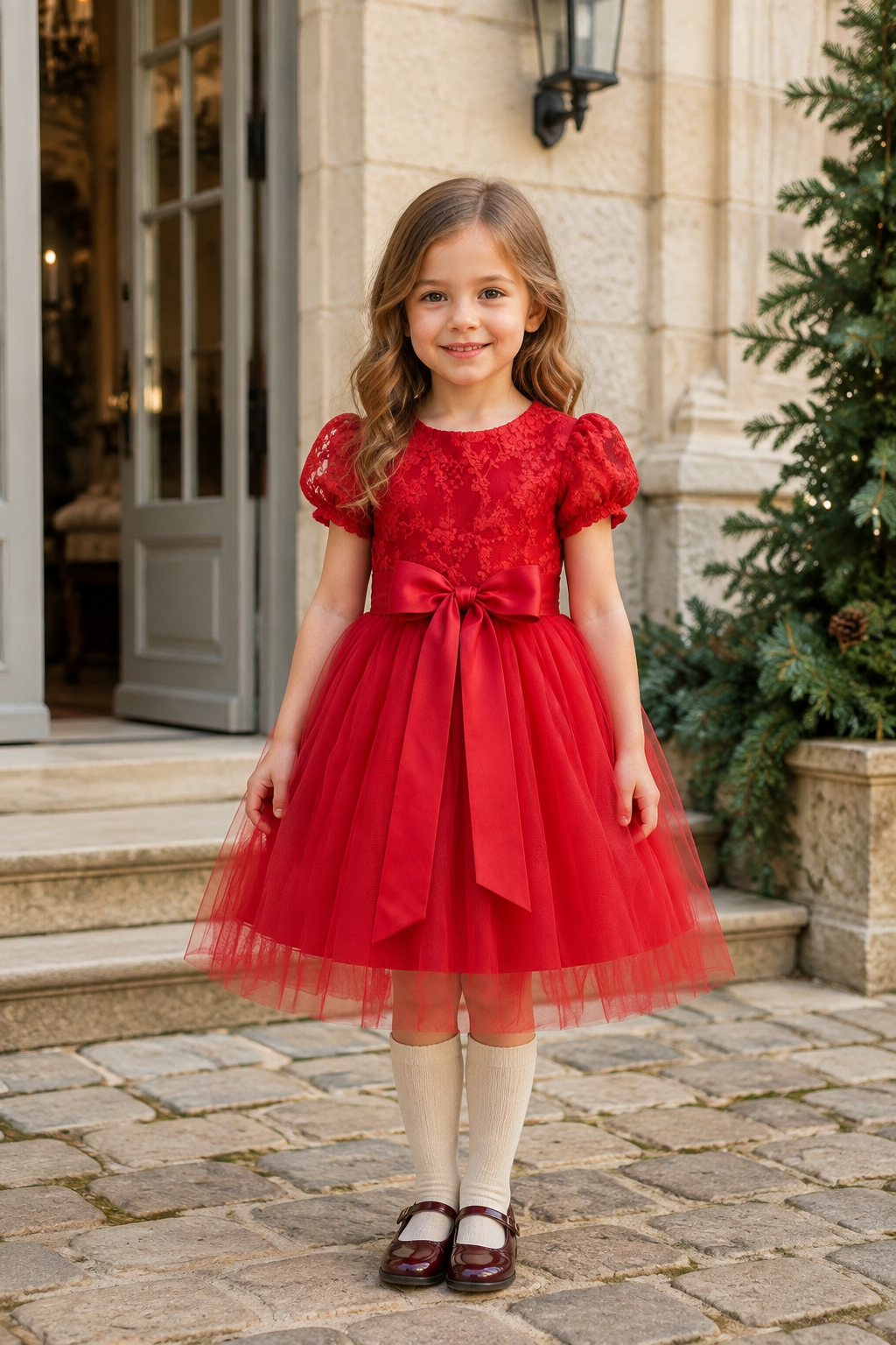 Vestido Noëlle editorial en la escalera navideña